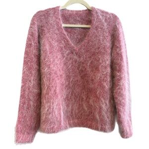 Angora Blend So Soft Rose Pink Sweater V Neck Knitted Fuzzy Cozy